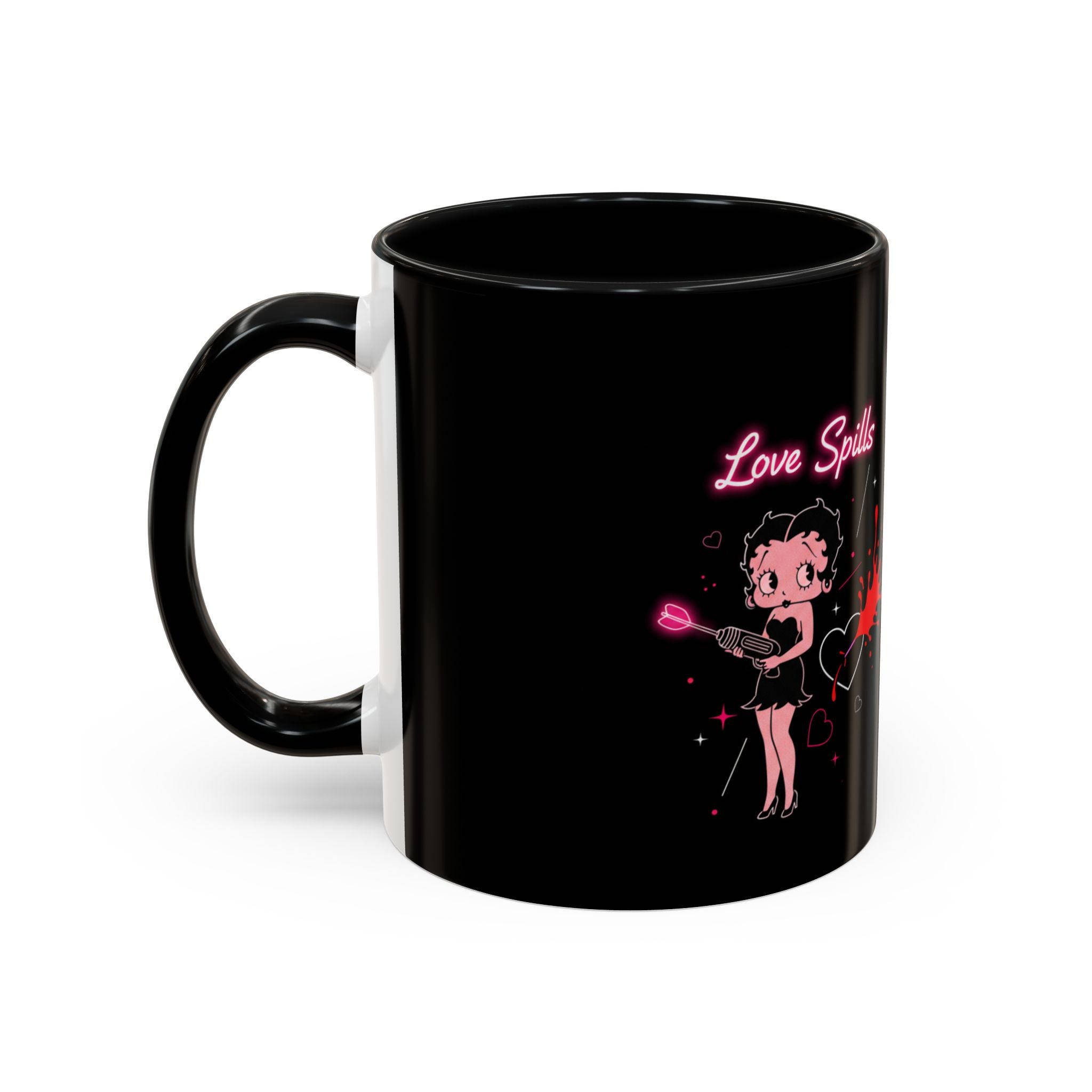 Love Spills Coffee Mug — Retro Betty Boop Style Pink Neon Design (11/15oz)