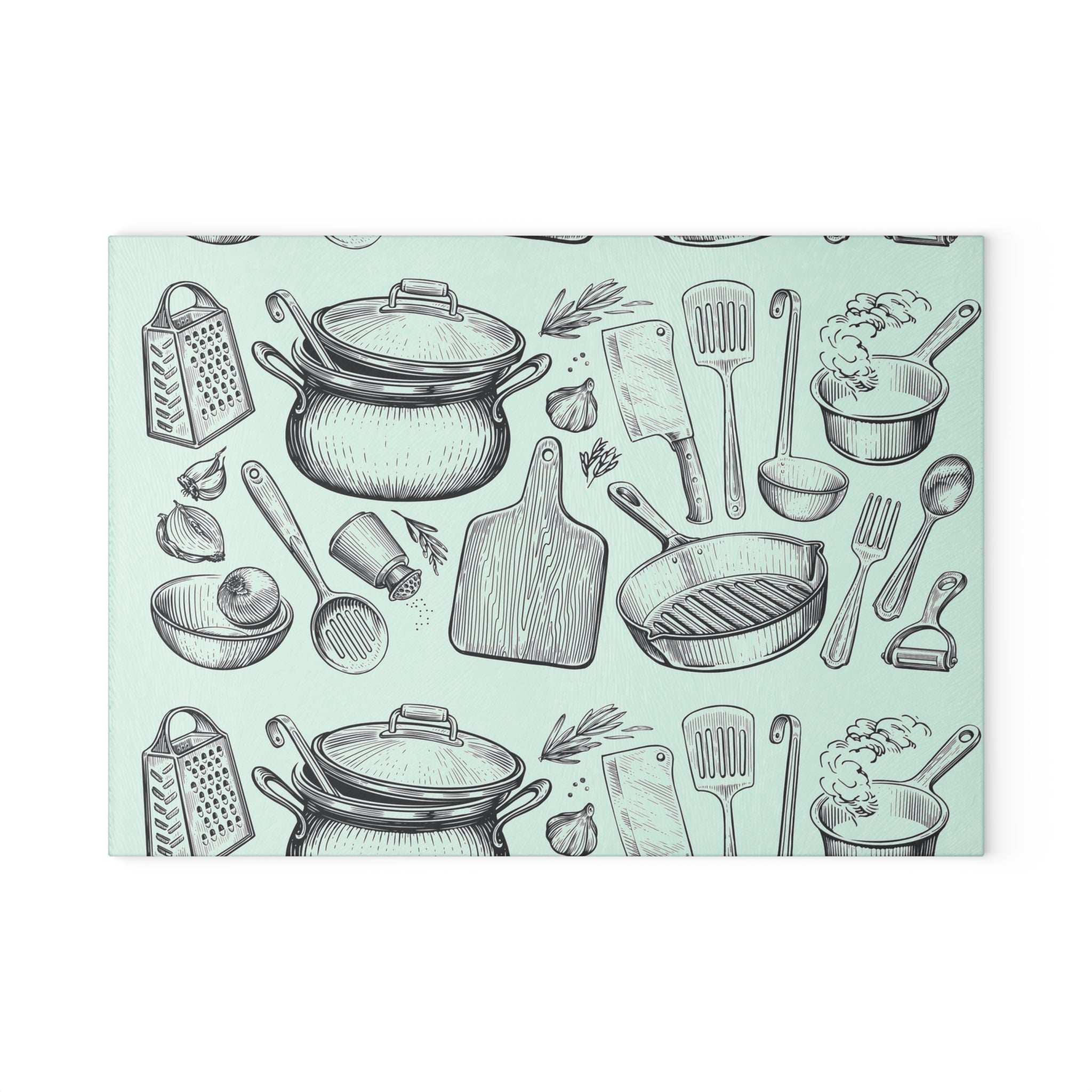 Kitchen Utensils Glass Cutting Board – Vintage Cookware Pattern