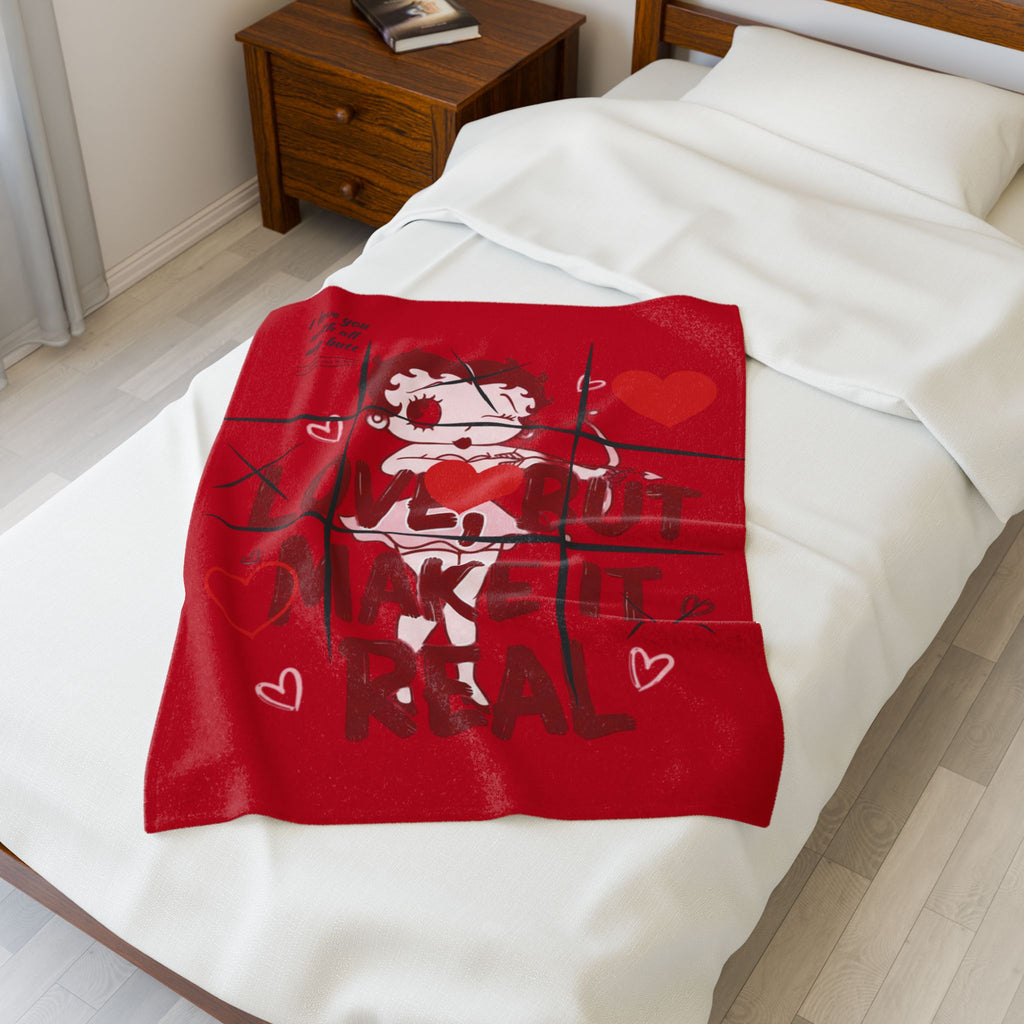 Velveteen Plush Blanket — Cute Betty Boop 'Love, But Make It Real' Pink Throw for Valentine's Gifts