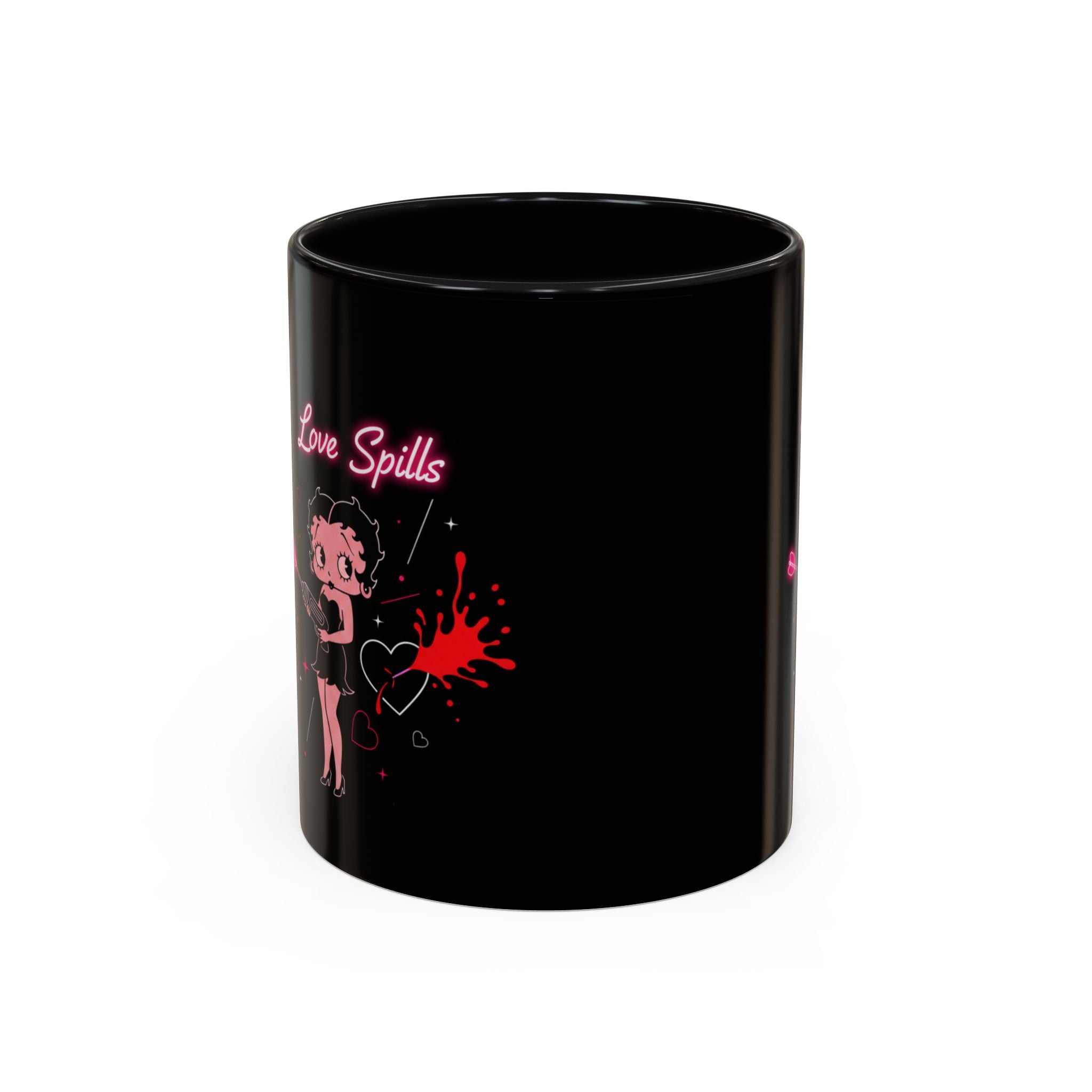Love Spills Coffee Mug — Retro Betty Boop Style Pink Neon Design (11/15oz)