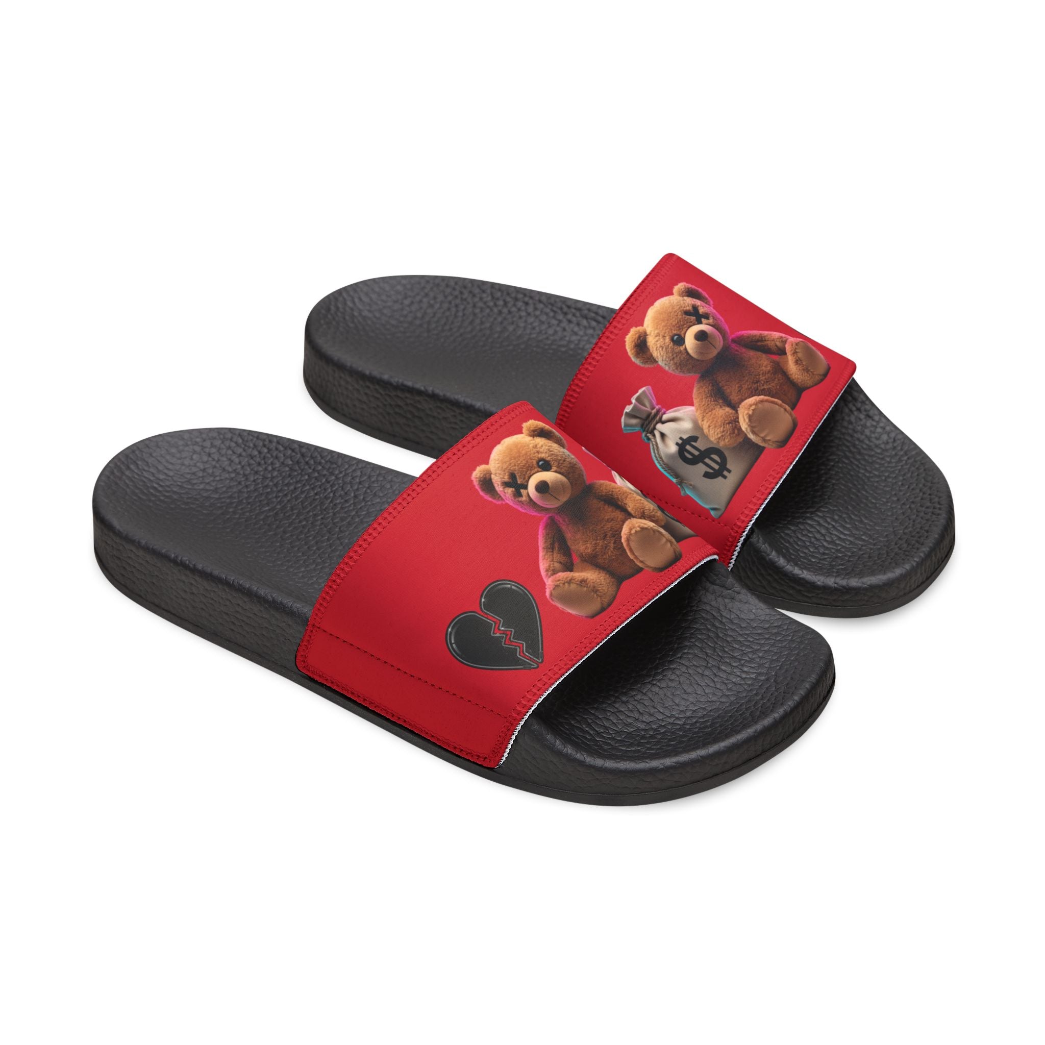 Men’s Teddy Bear Slide Sandals — Red Adjustable Strap Casual Pool & Beach Slides