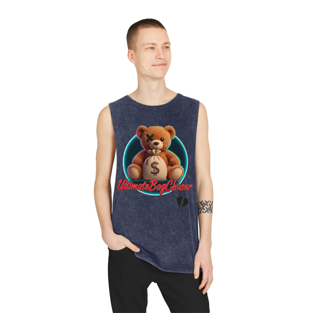 Teddy Money Bag Tank Top — "Ultimate Bag Chaser" Stonewash Sleeveless Shirt