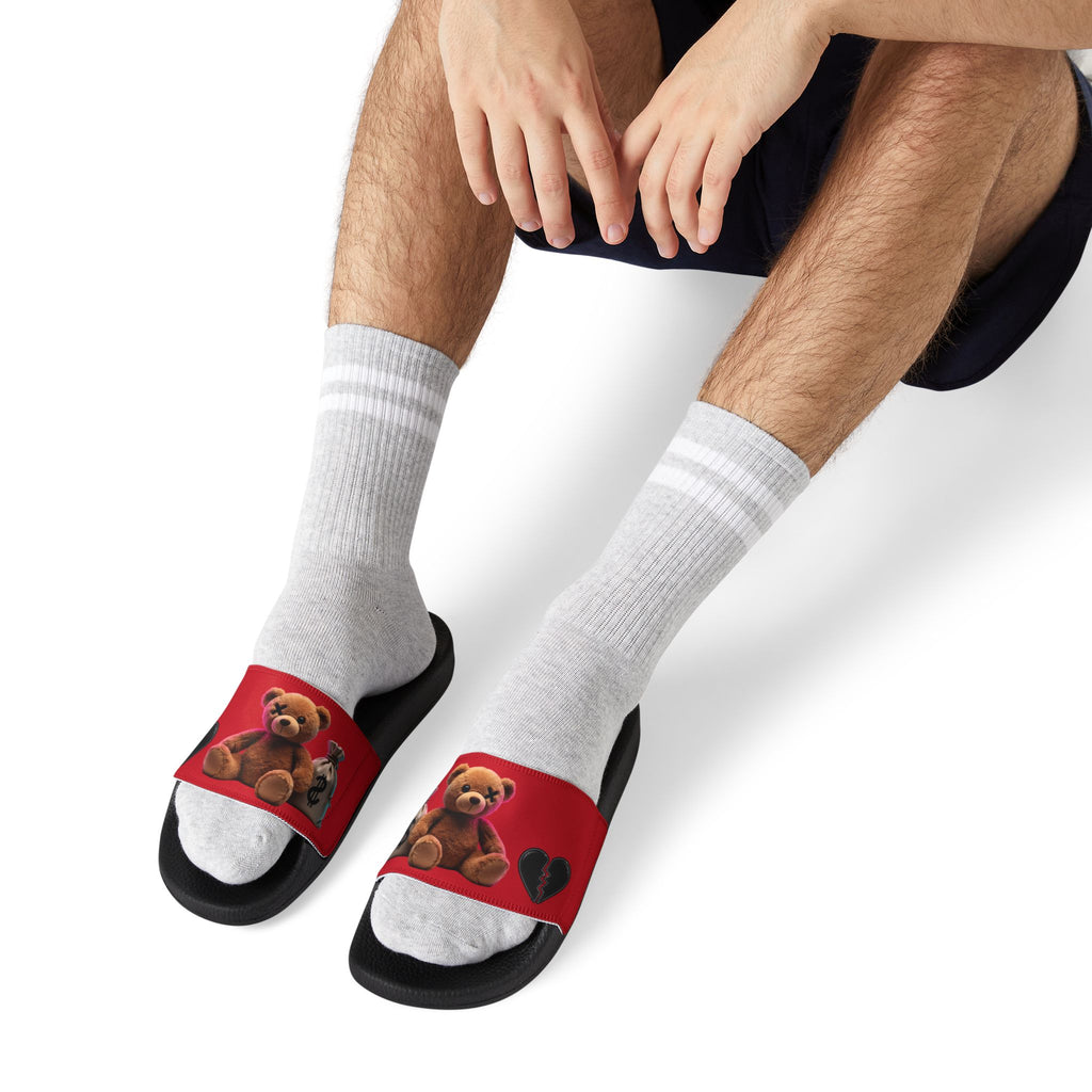 Men’s Teddy Bear Slide Sandals — Red Adjustable Strap Casual Pool & Beach Slides