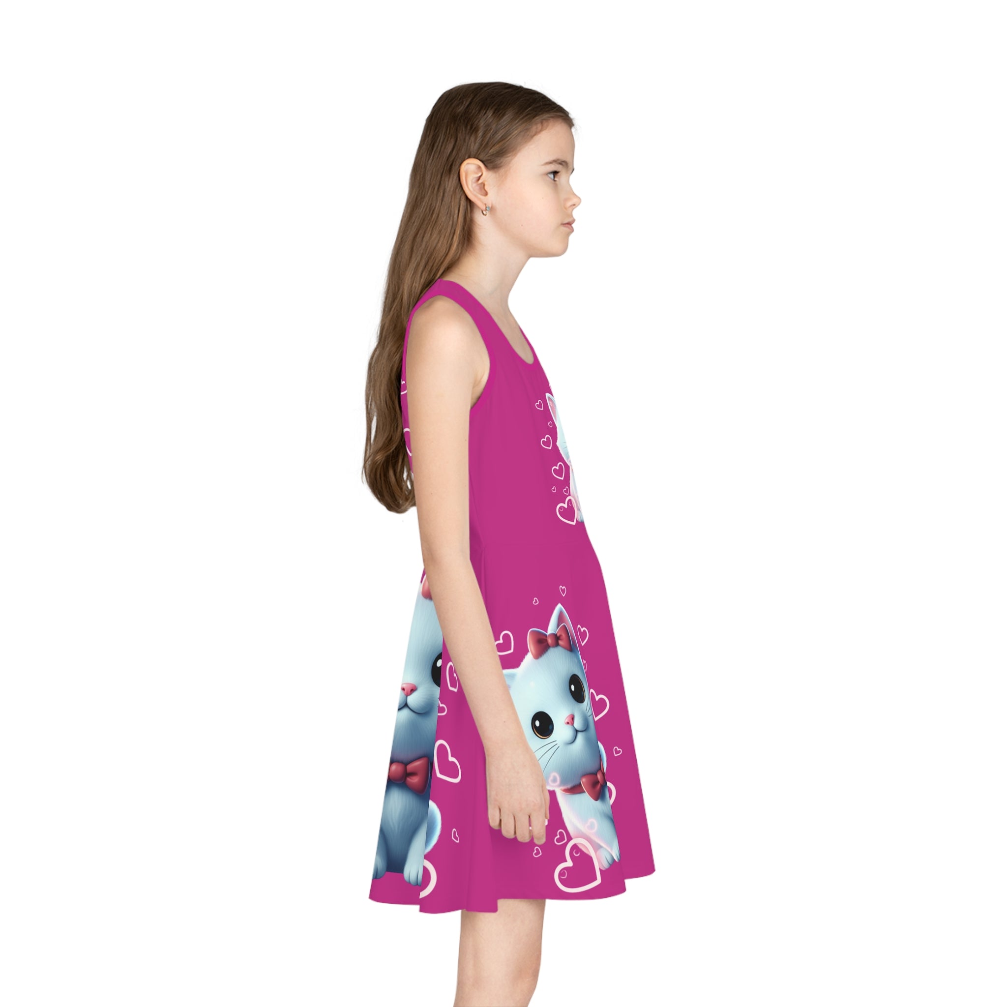 Girls' Pink Kitty Sundress — Cute Blue Cat with Hearts AOP