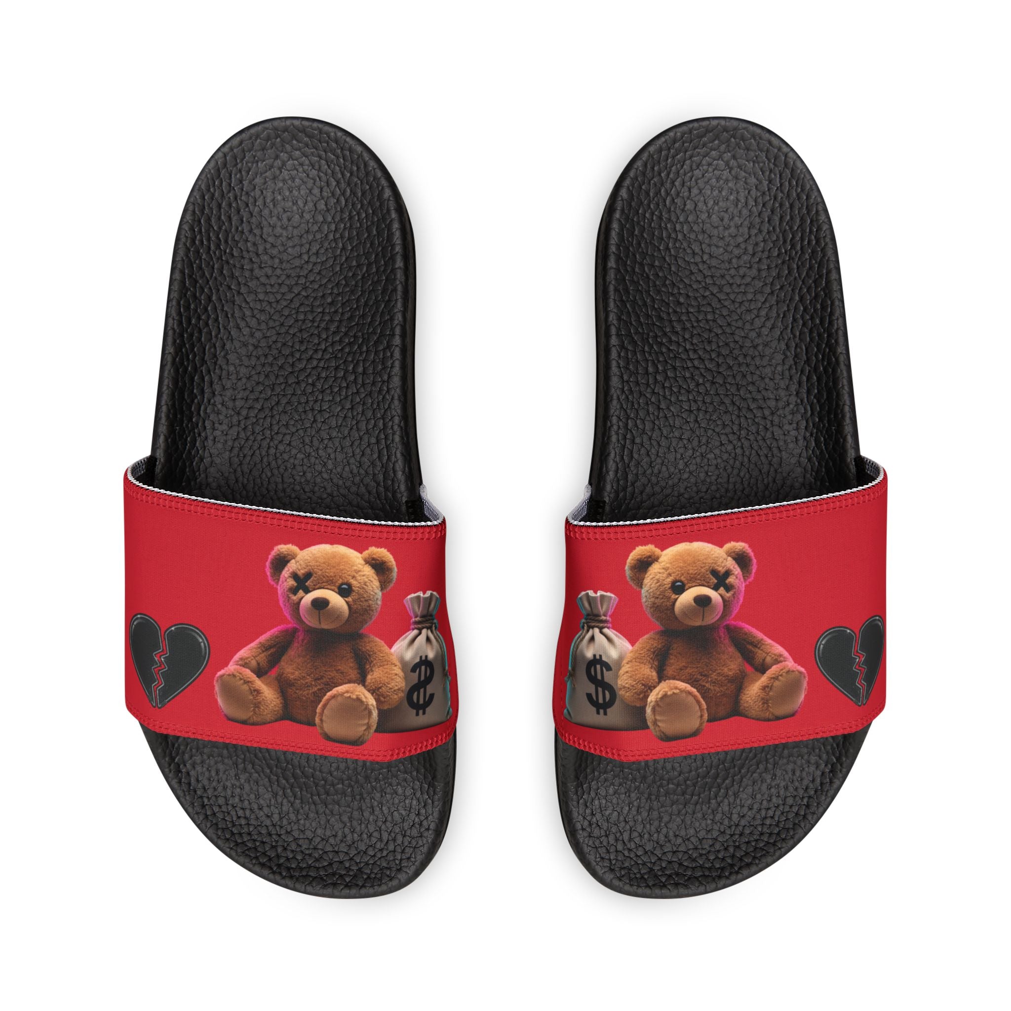 Men’s Teddy Bear Slide Sandals — Red Adjustable Strap Casual Pool & Beach Slides
