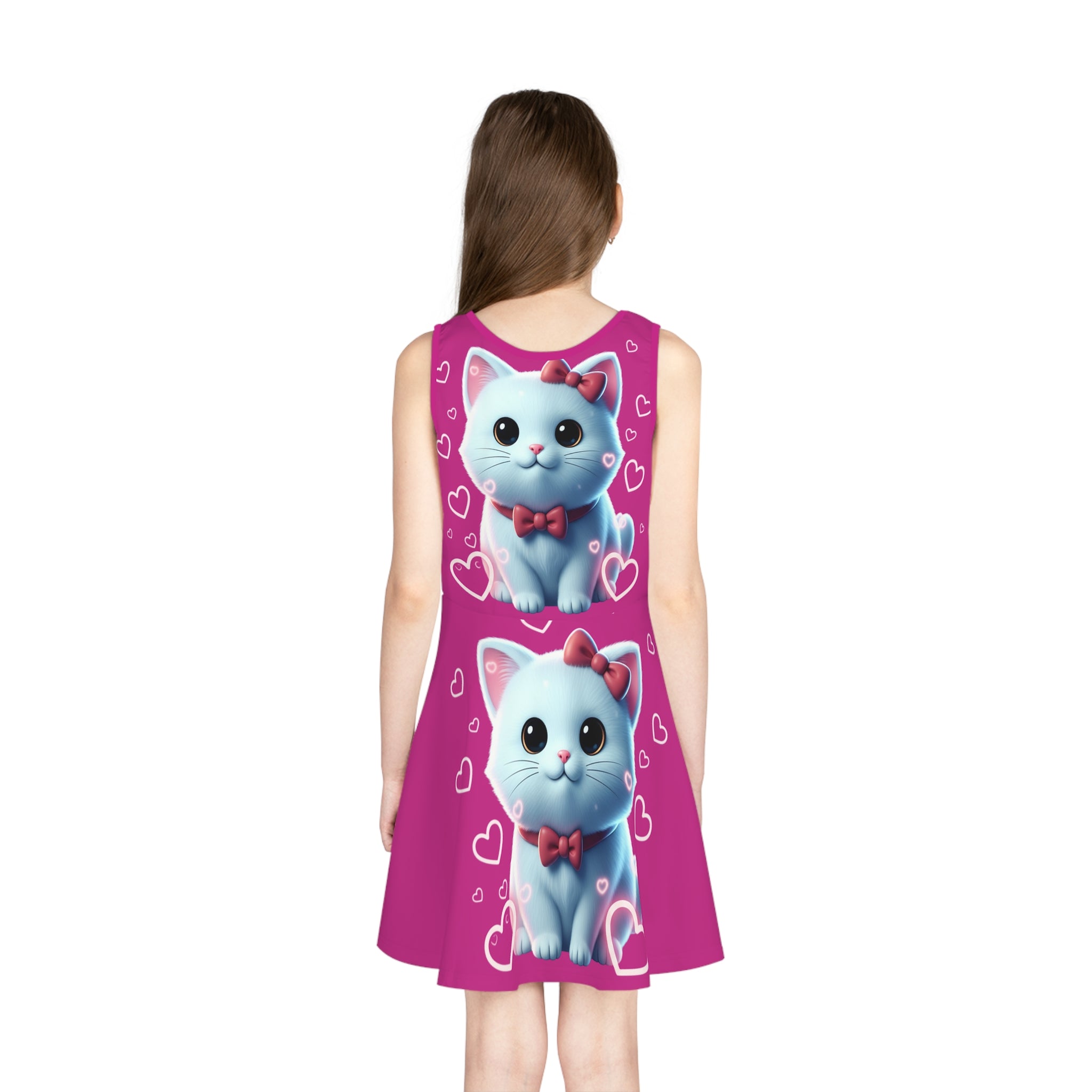Girls' Pink Kitty Sundress — Cute Blue Cat with Hearts AOP