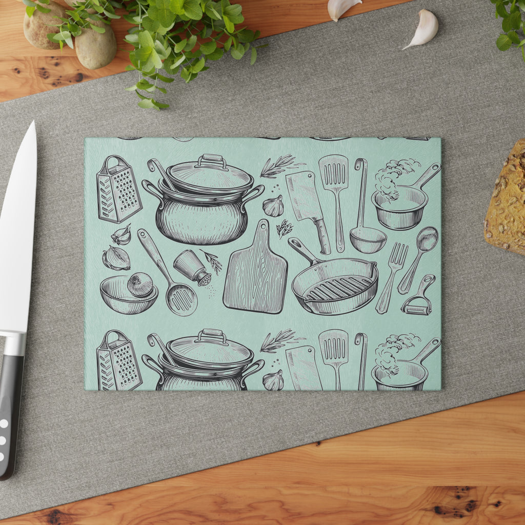 Kitchen Utensils Glass Cutting Board – Vintage Cookware Pattern