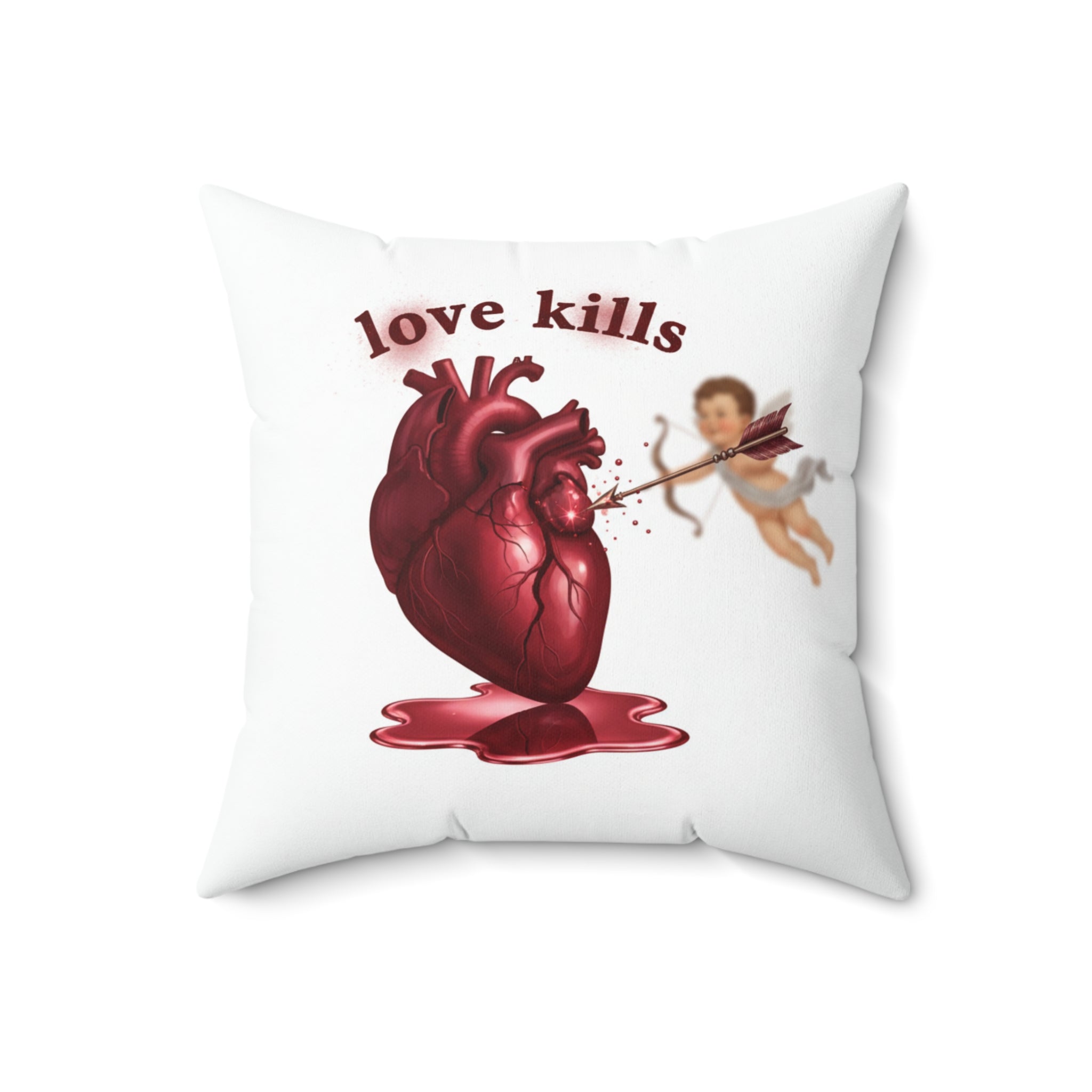 Love Kills Pillow — Anatomical Heart & Cupid Graphic Accent Pillow