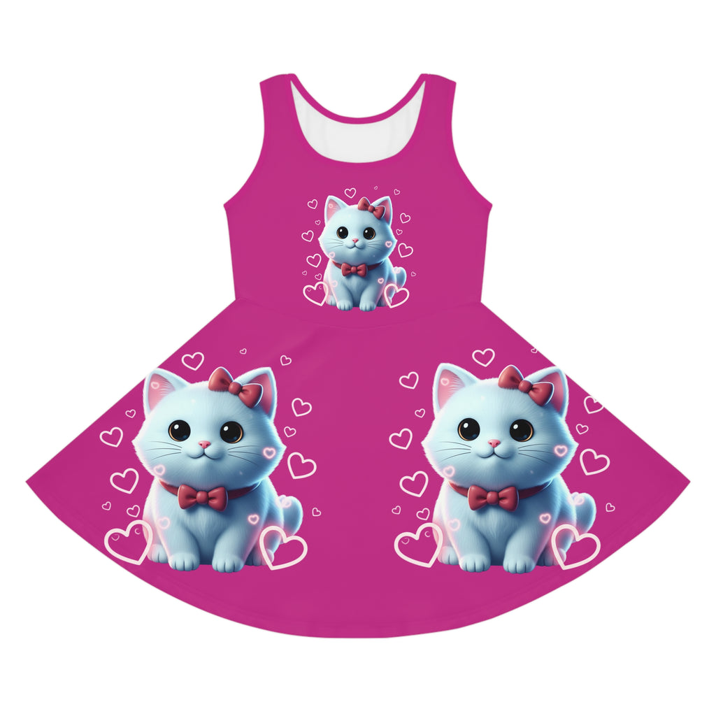 Girls' Pink Kitty Sundress — Cute Blue Cat with Hearts AOP