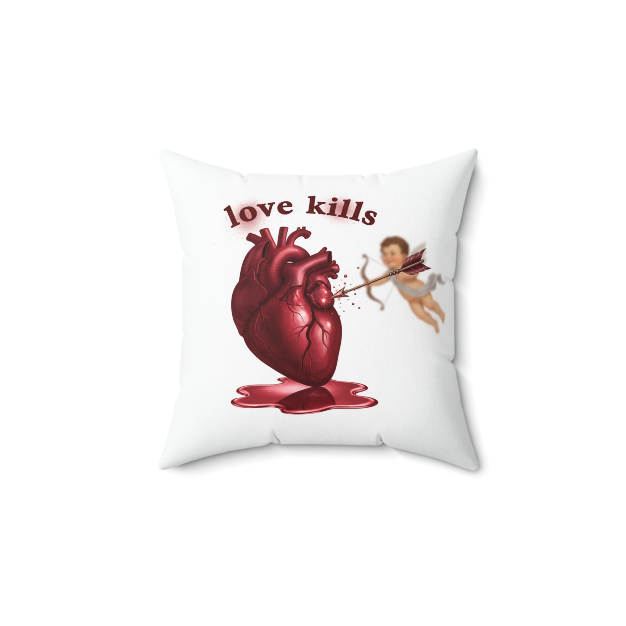 Love Kills Pillow — Anatomical Heart & Cupid Graphic Accent Pillow