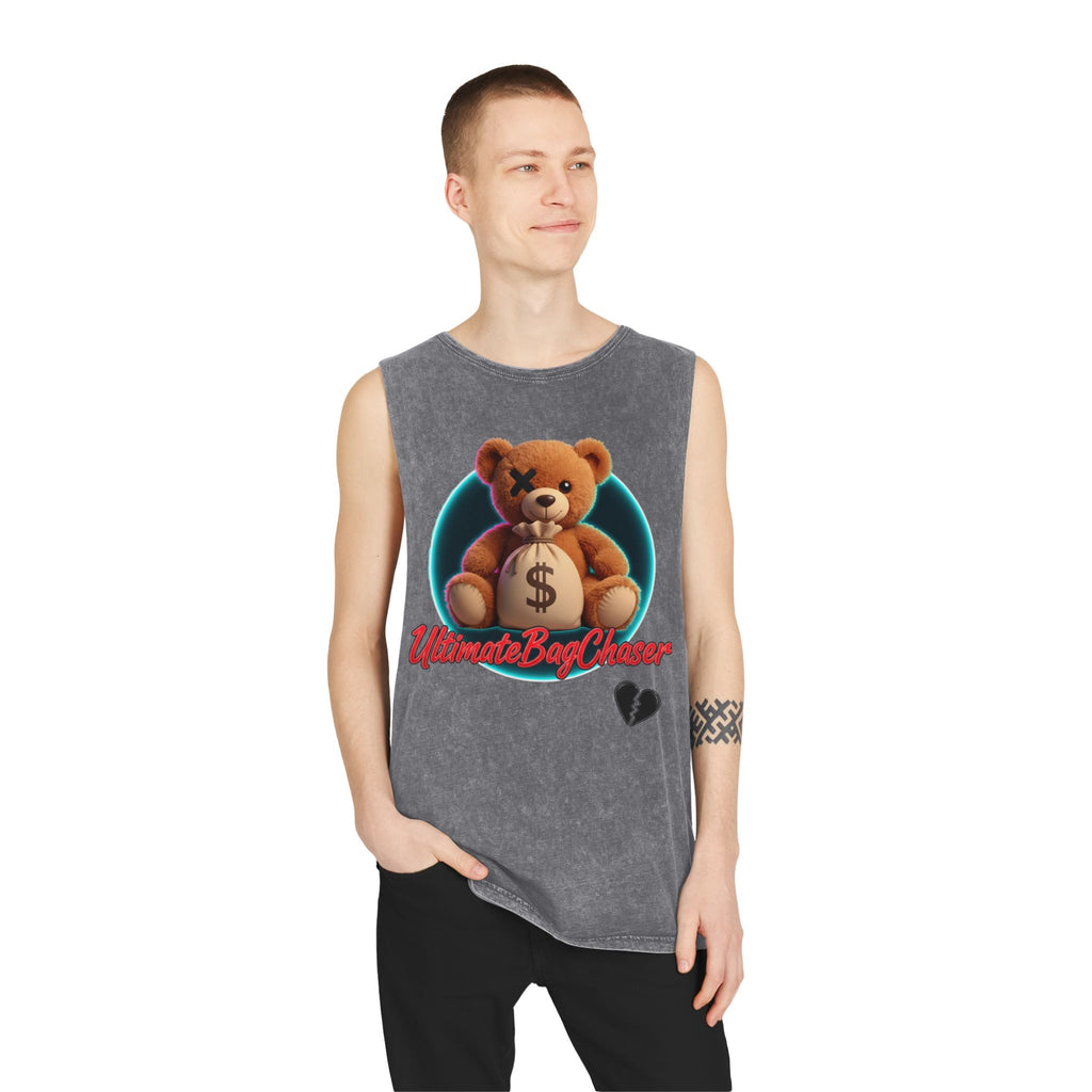 Teddy Money Bag Tank Top — "Ultimate Bag Chaser" Stonewash Sleeveless Shirt