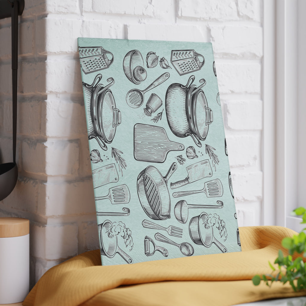 Kitchen Utensils Glass Cutting Board – Vintage Cookware Pattern