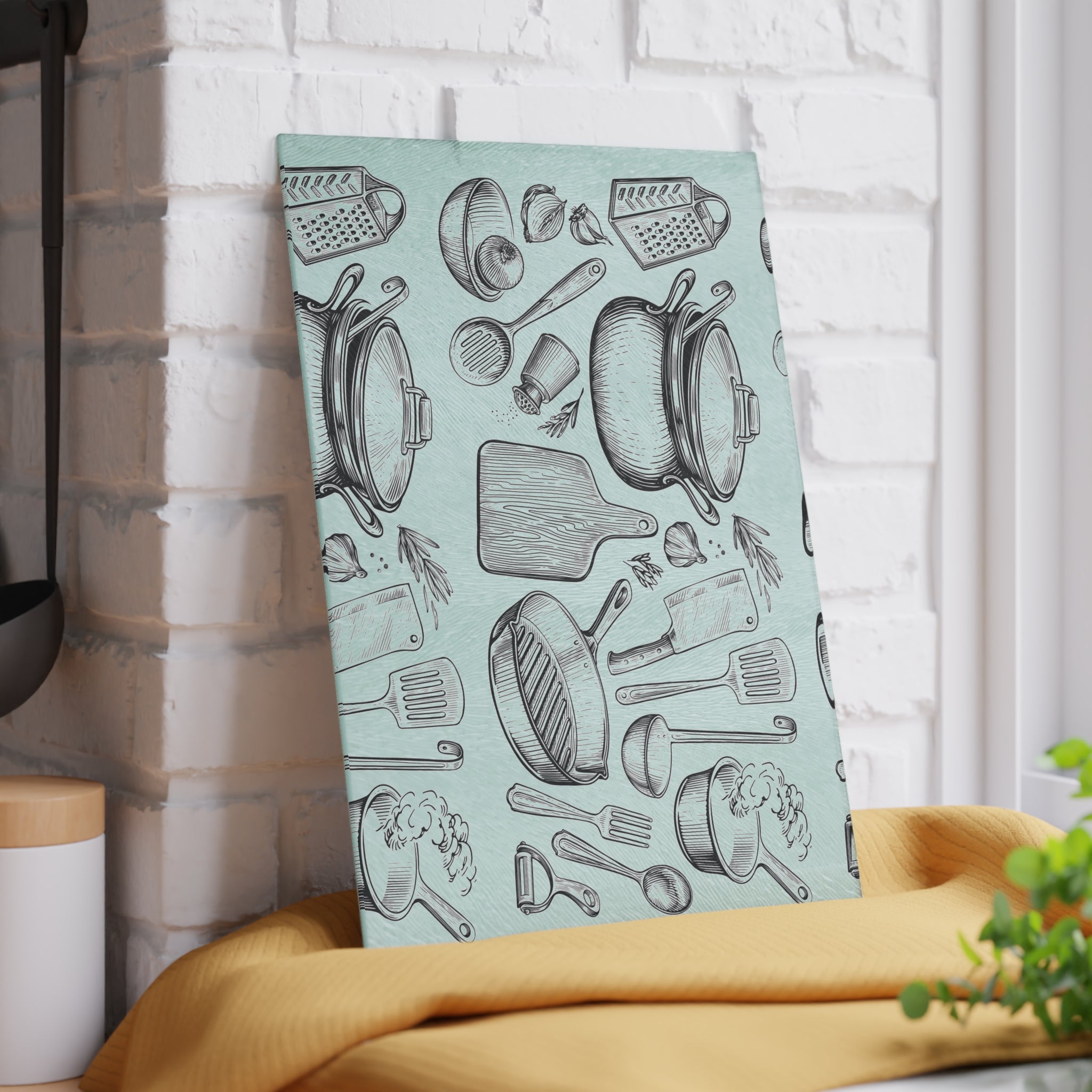 Kitchen Utensils Glass Cutting Board – Vintage Cookware Pattern