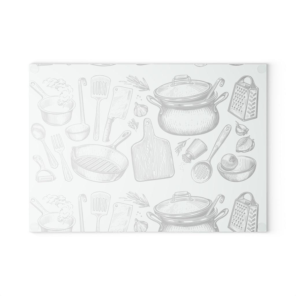 Kitchen Utensils Glass Cutting Board – Vintage Cookware Pattern