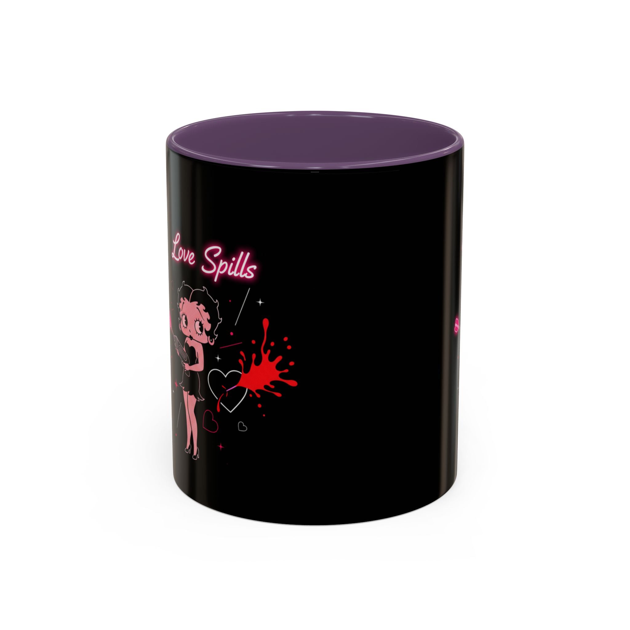Love Spills Coffee Mug — Retro Betty Boop Style Pink Neon Design (11/15oz)
