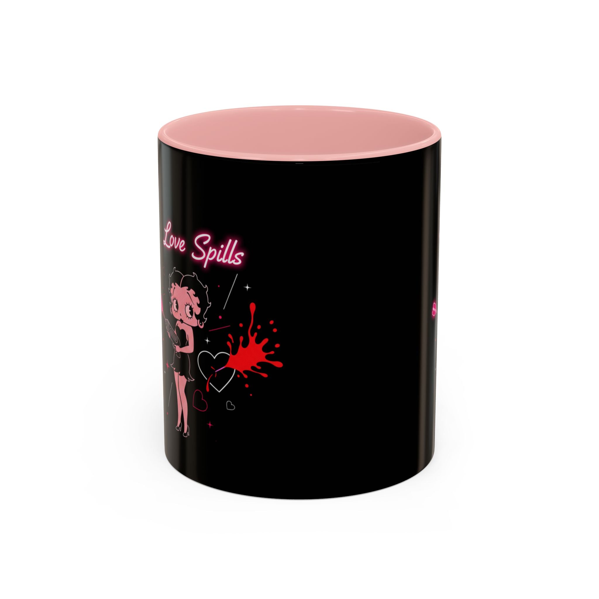 Love Spills Coffee Mug — Retro Betty Boop Style Pink Neon Design (11/15oz)