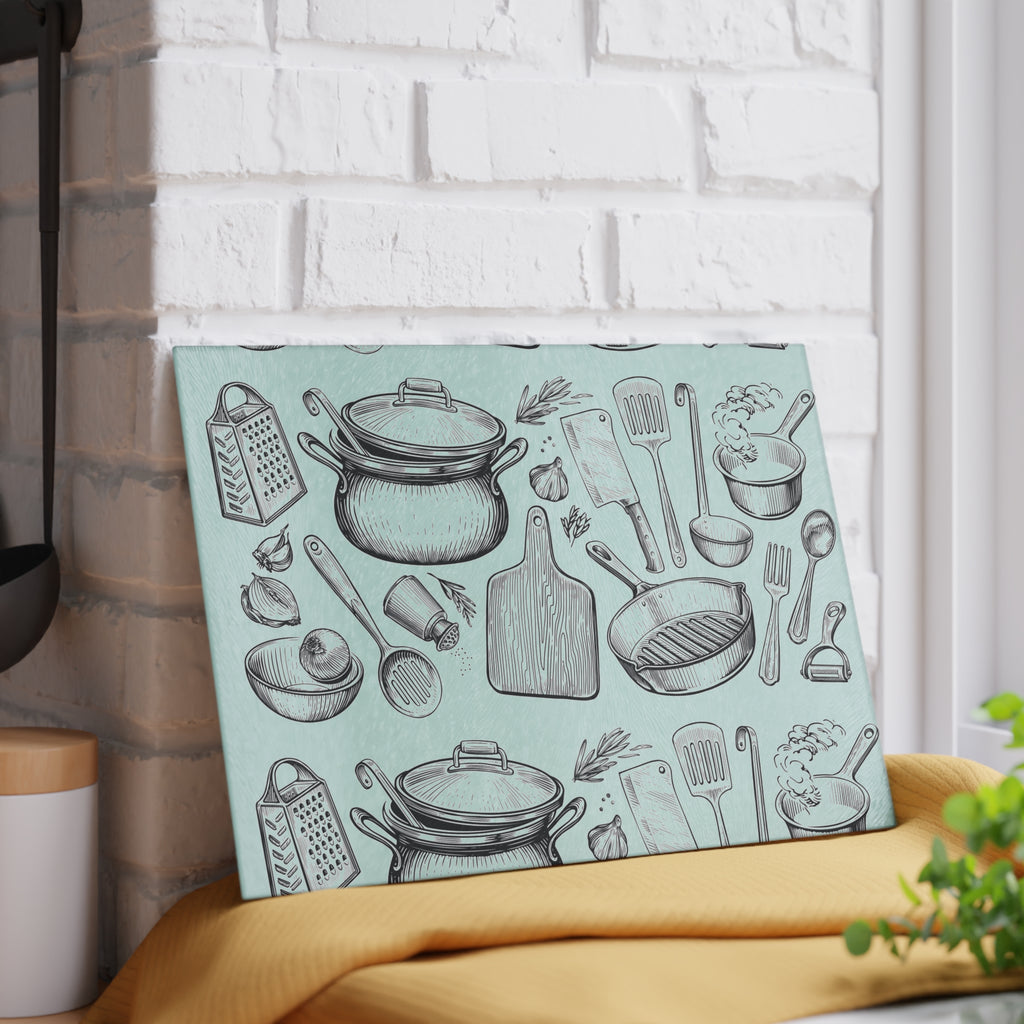 Kitchen Utensils Glass Cutting Board – Vintage Cookware Pattern