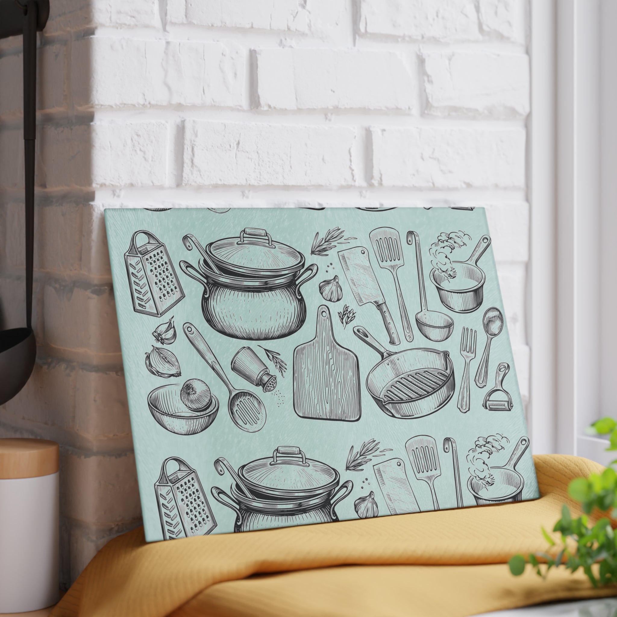 Kitchen Utensils Glass Cutting Board – Vintage Cookware Pattern