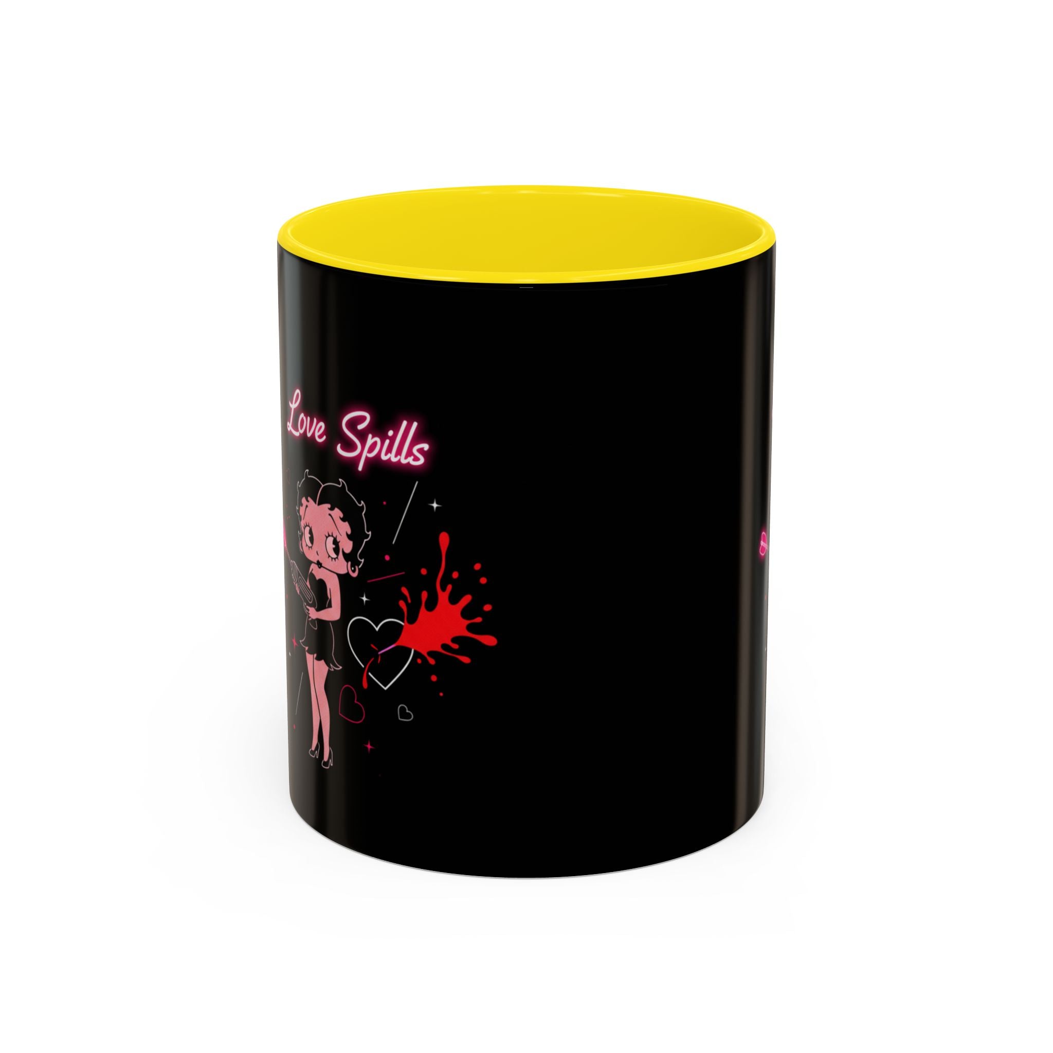 Love Spills Coffee Mug — Retro Betty Boop Style Pink Neon Design (11/15oz)
