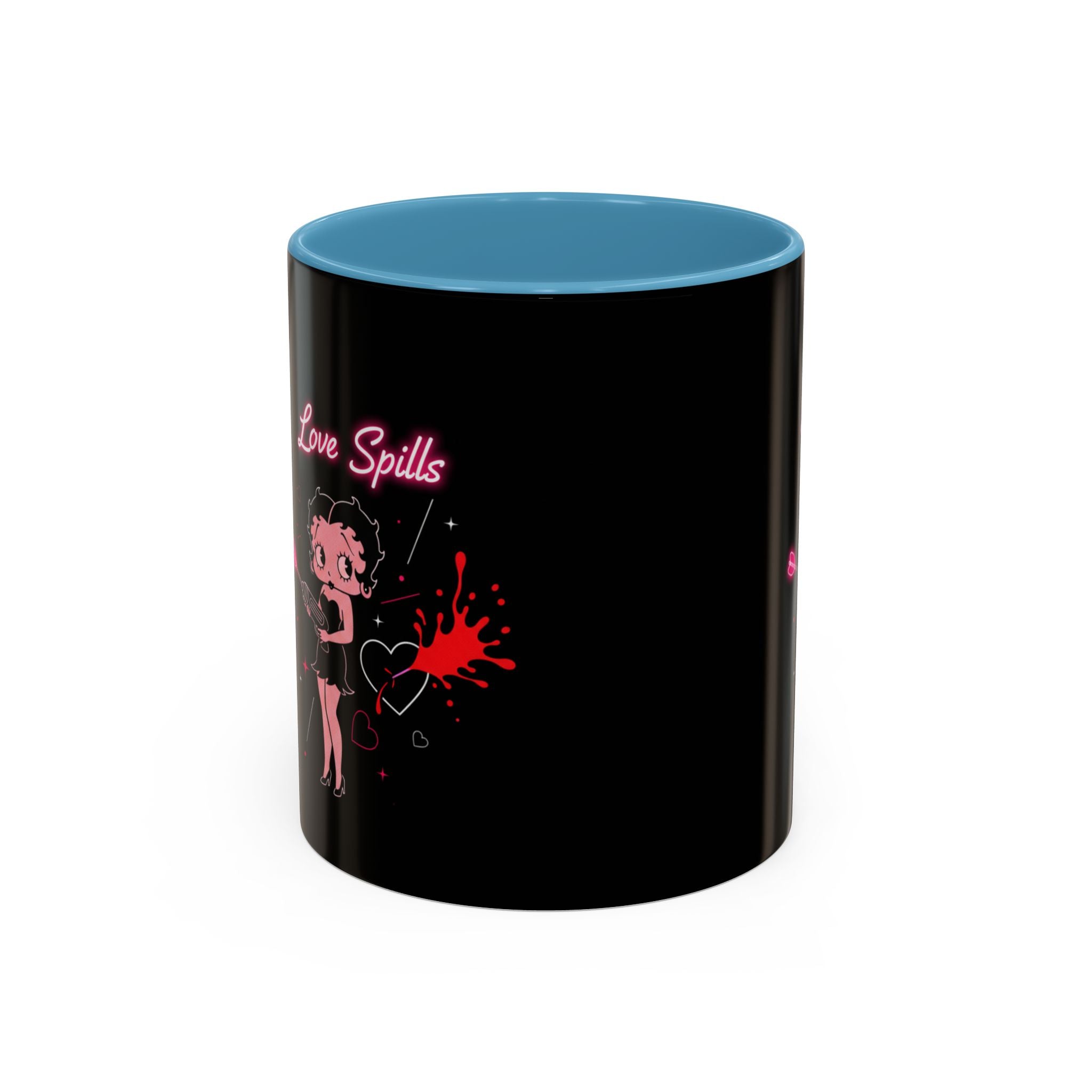 Love Spills Coffee Mug — Retro Betty Boop Style Pink Neon Design (11/15oz)