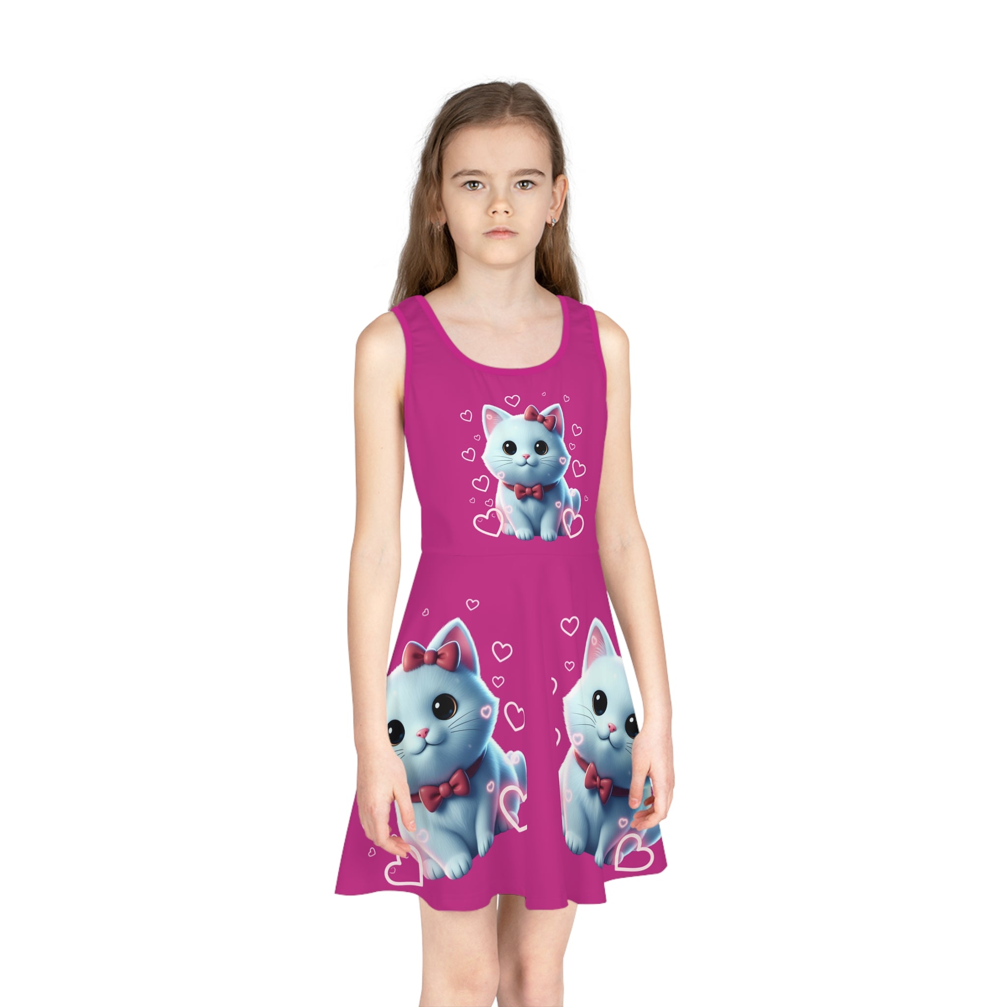 Girls' Pink Kitty Sundress — Cute Blue Cat with Hearts AOP