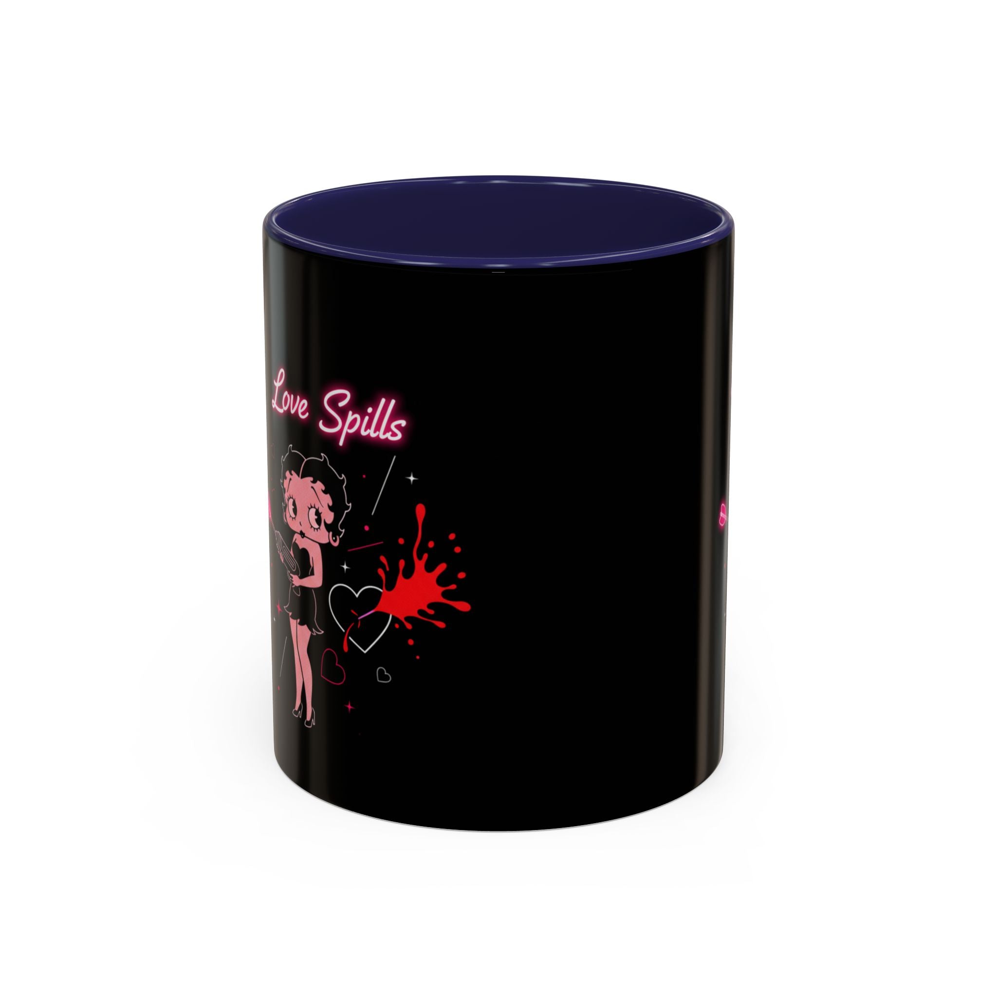Love Spills Coffee Mug — Retro Betty Boop Style Pink Neon Design (11/15oz)
