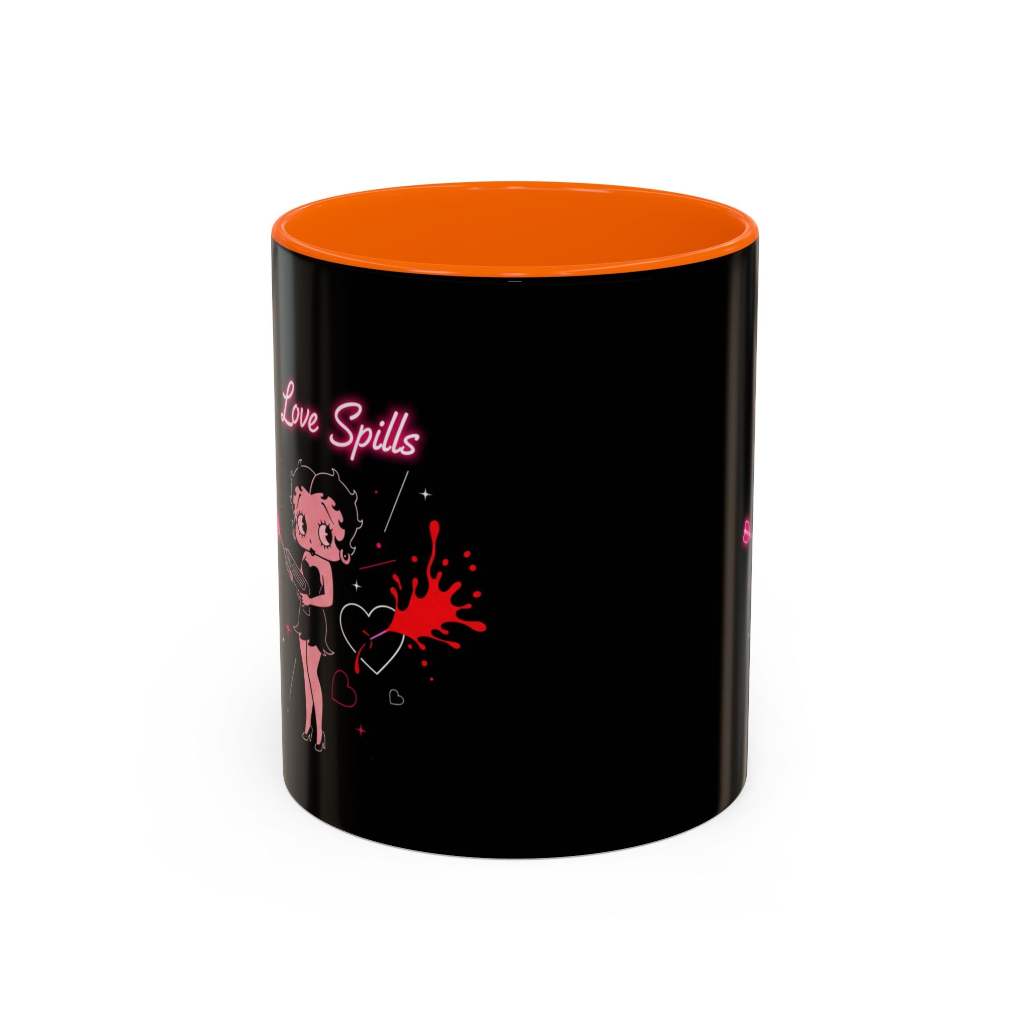 Love Spills Coffee Mug — Retro Betty Boop Style Pink Neon Design (11/15oz)