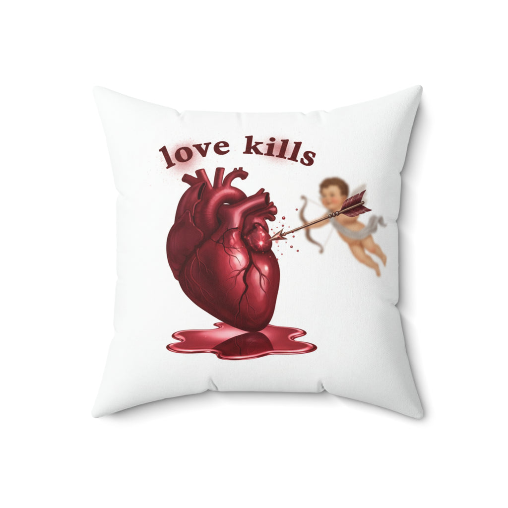 Love Kills Pillow — Anatomical Heart & Cupid Graphic Accent Pillow