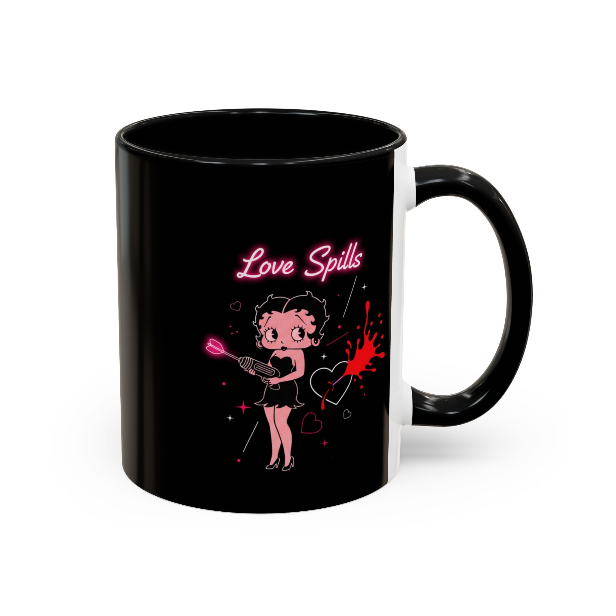 Love Spills Coffee Mug — Retro Betty Boop Style Pink Neon Design (11/15oz)