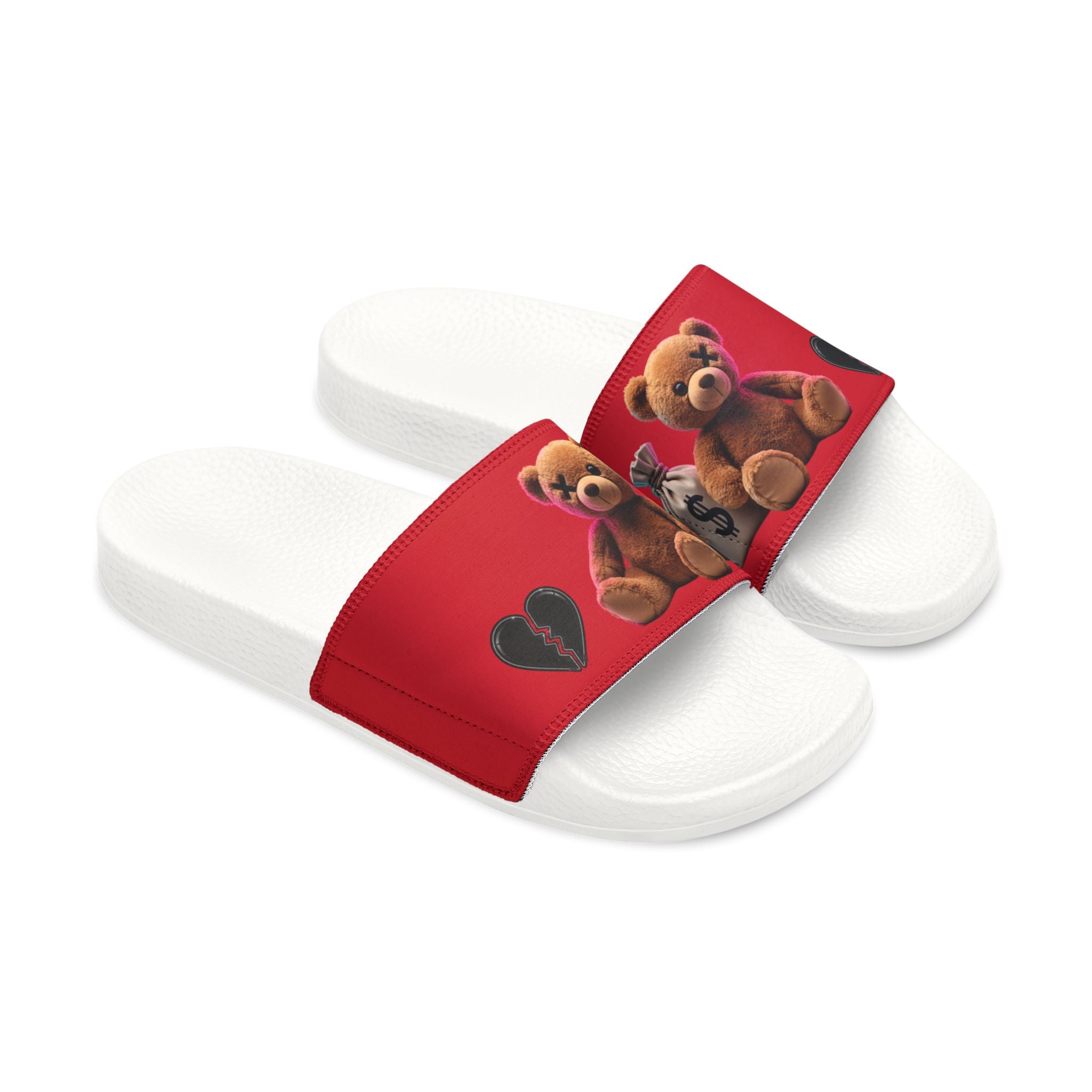 Men’s Teddy Bear Slide Sandals — Red Adjustable Strap Casual Pool & Beach Slides