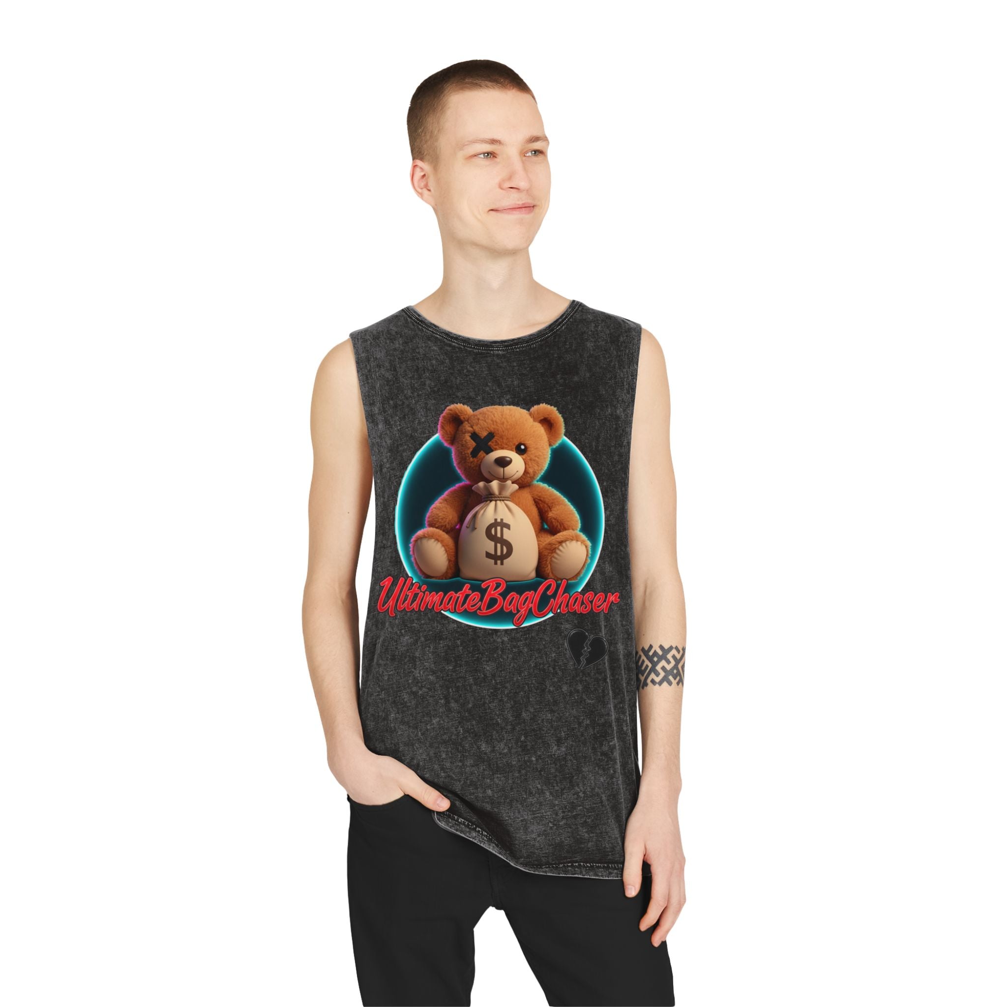 Teddy Money Bag Tank Top — "Ultimate Bag Chaser" Stonewash Sleeveless Shirt