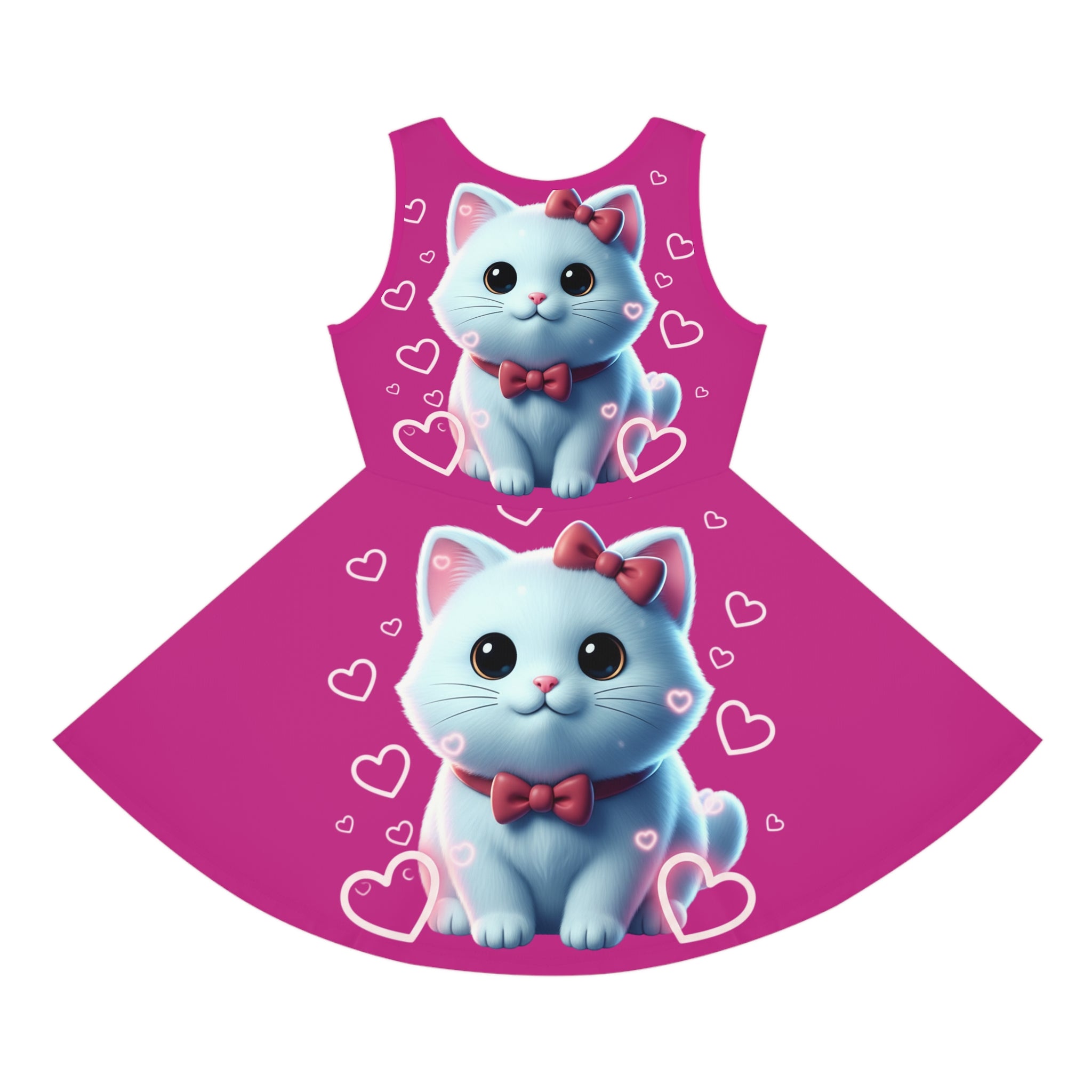 Girls' Pink Kitty Sundress — Cute Blue Cat with Hearts AOP