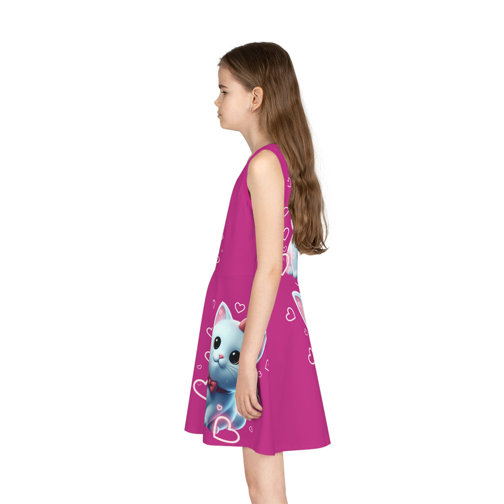 Girls' Pink Kitty Sundress — Cute Blue Cat with Hearts AOP