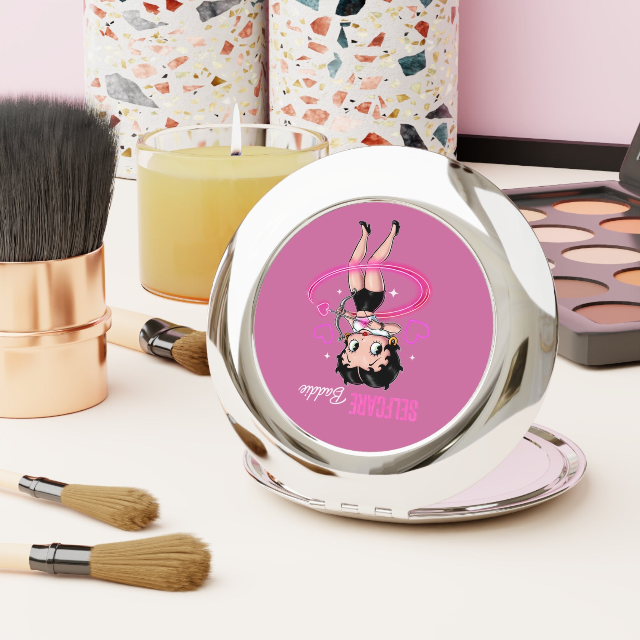 Compact Mirror — "Selfcare Baddie" Betty Boop Style Pink Travel Makeup Mirror