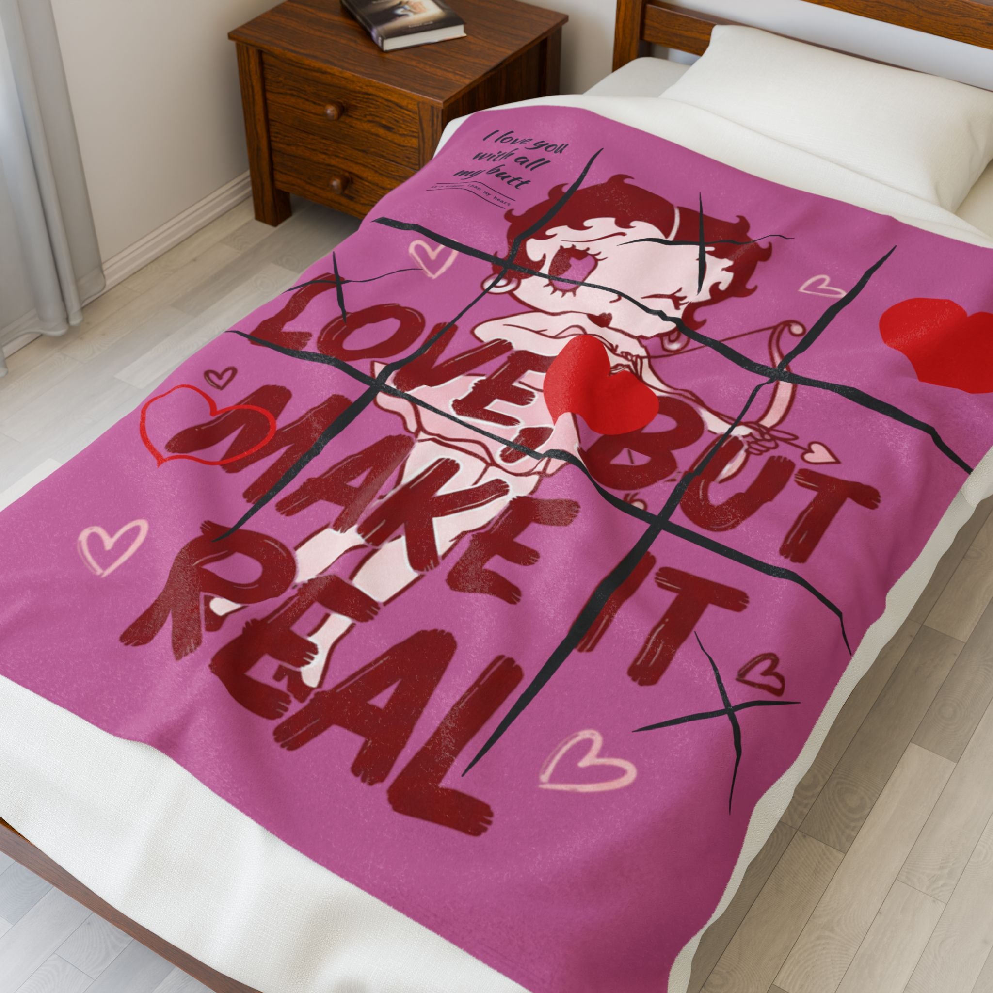 Velveteen Plush Blanket — Cute Betty Boop 'Love, But Make It Real' Pink Throw for Valentine's Gifts