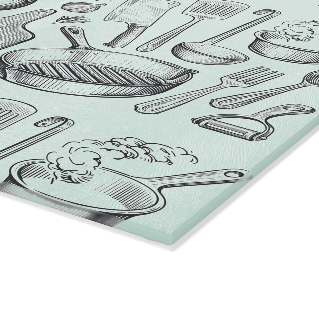 Kitchen Utensils Glass Cutting Board – Vintage Cookware Pattern