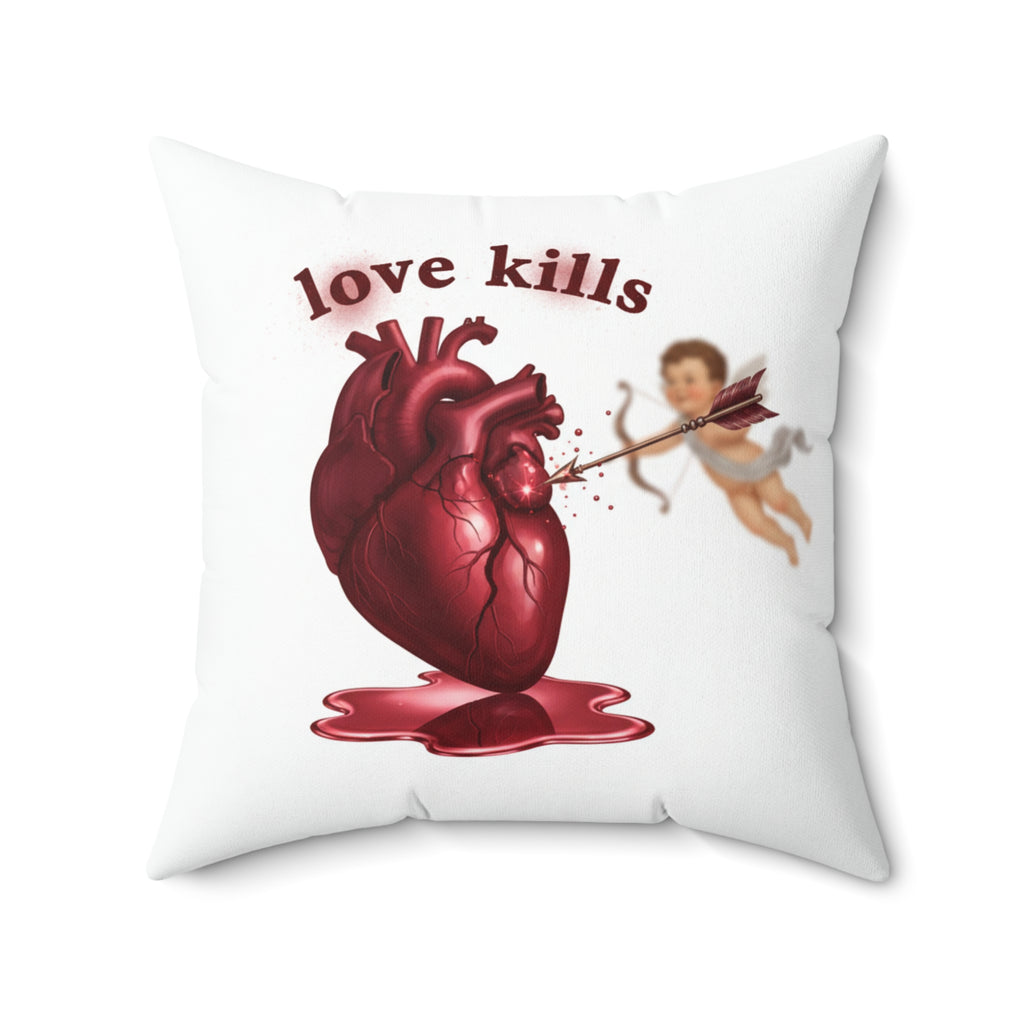 Love Kills Pillow — Anatomical Heart & Cupid Graphic Accent Pillow