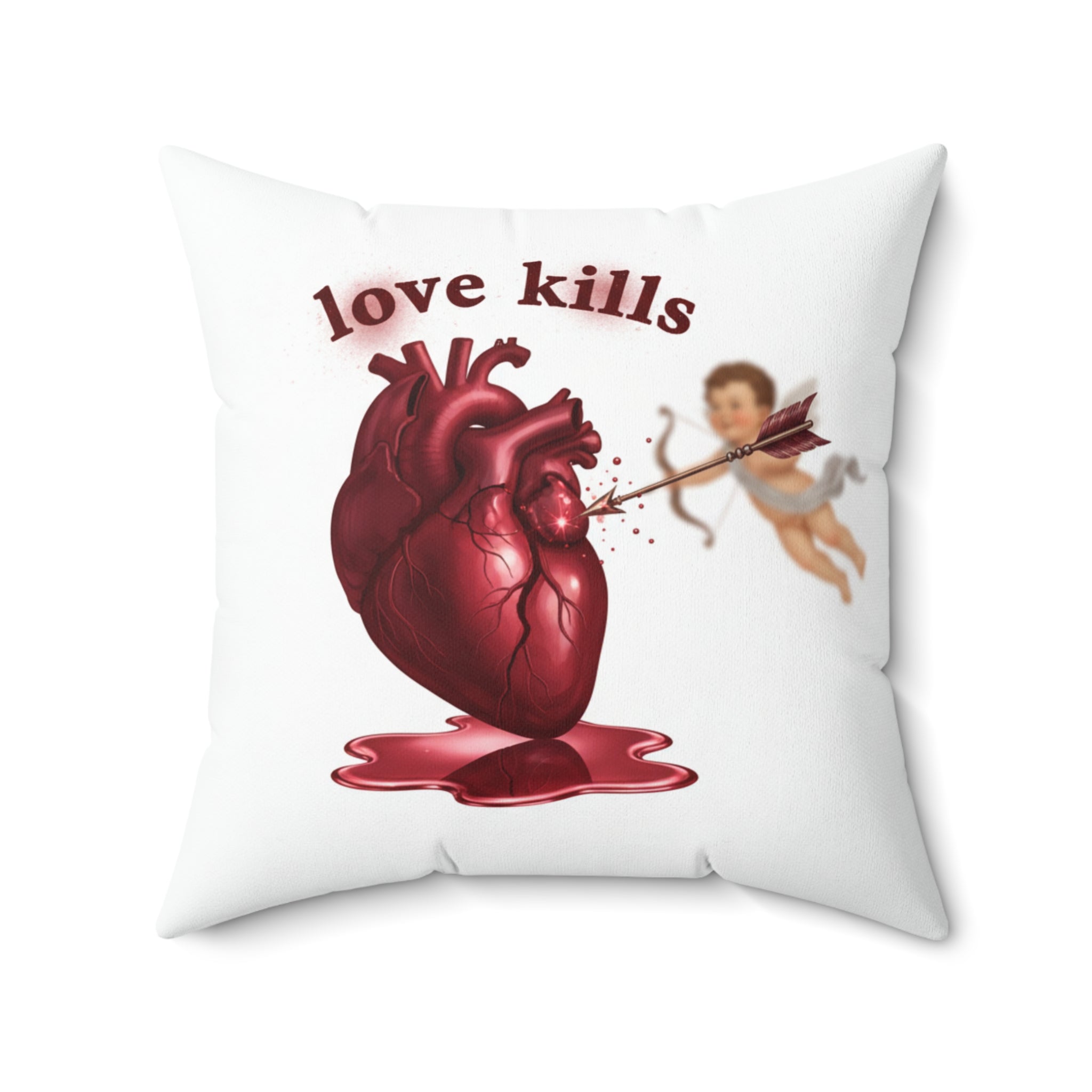 Love Kills Pillow — Anatomical Heart & Cupid Graphic Accent Pillow