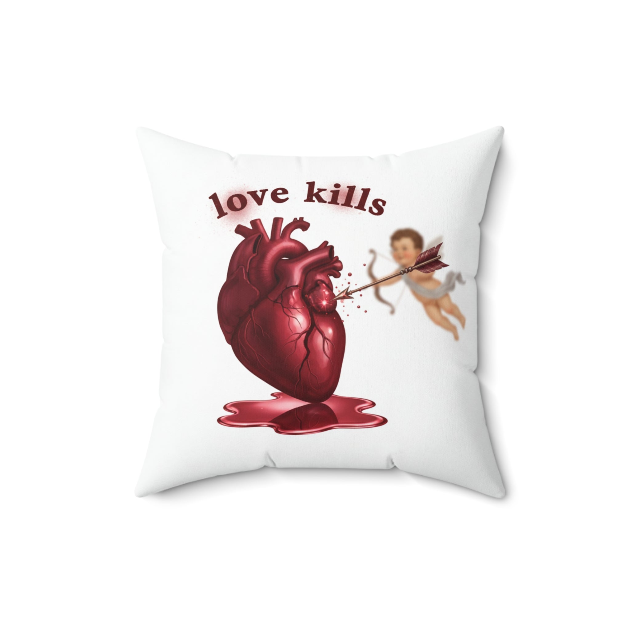 Love Kills Pillow — Anatomical Heart & Cupid Graphic Accent Pillow