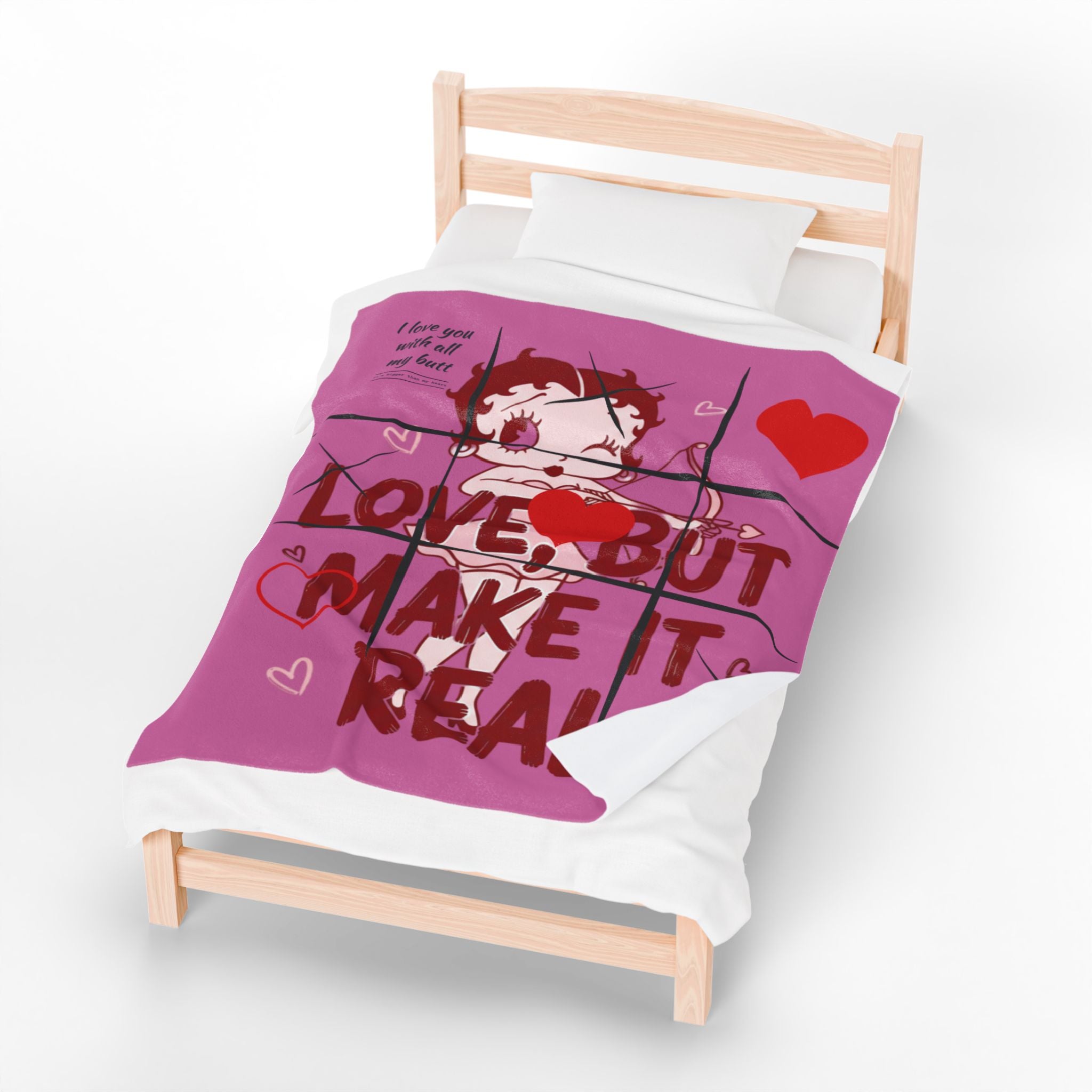 Velveteen Plush Blanket — Cute Betty Boop 'Love, But Make It Real' Pink Throw for Valentine's Gifts